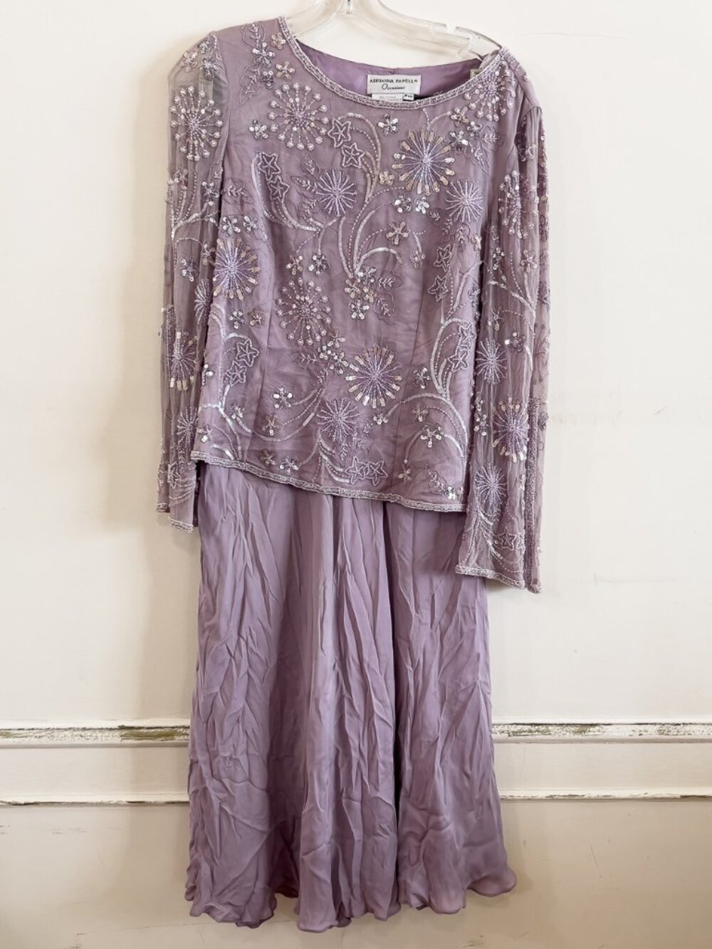Adrianna Papell Vintage Lilac Beaded Mock Jacket Evening Gown Set Size 10P
